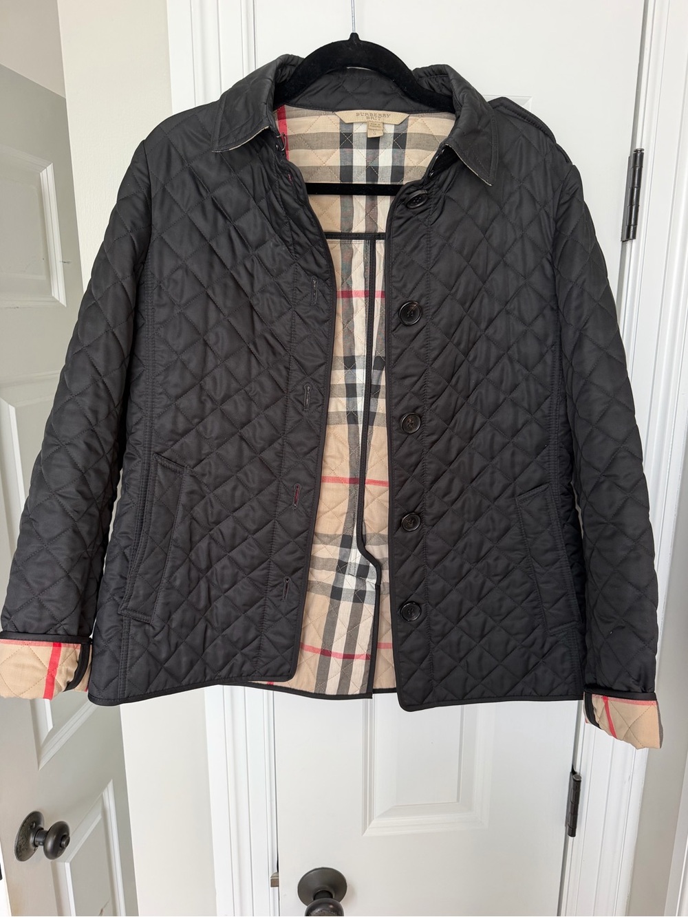 Burberry Black Quilted Pea Coat with Signature Check Lining